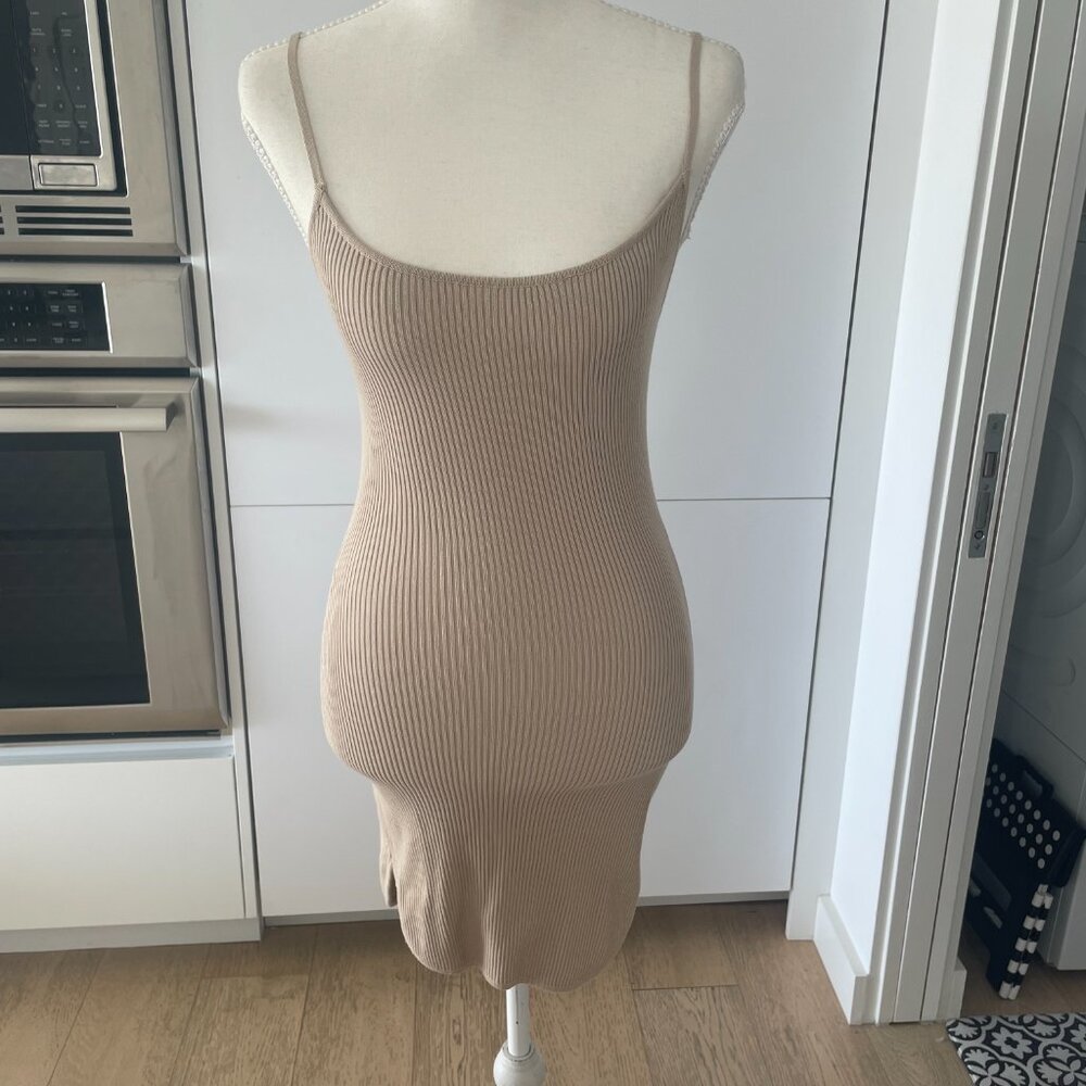 Hera Collection Ribbed Knit Midi Dress – Neutral Bodycon (Size S)